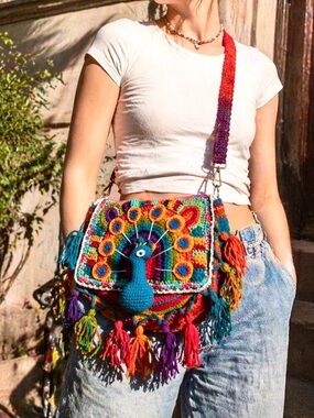 Vibrant Multicolor Peacock Crochet Crossbody Bag